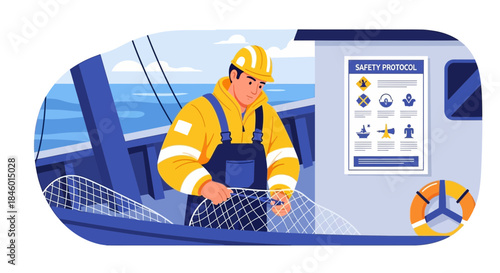 Fisherman in Yellow Safety Gear Working.