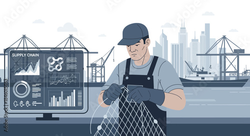 Fisherman Inspecting Fishing Net on Dock.