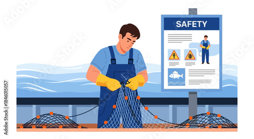 Fisherman repairing fishing net on dock 1.