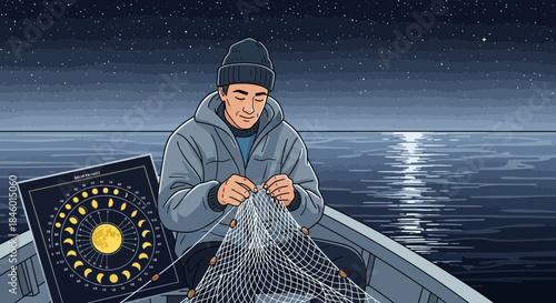 Fisherman repairing fishing net in boat.