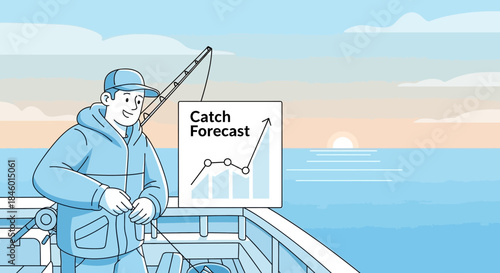 Fisherman on Boat with Fishing Forecast Chart.