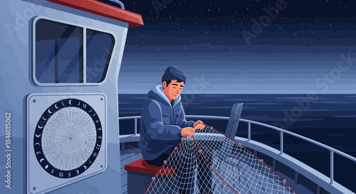 Fisherman Repairing Fishing Net on Boat Deck.