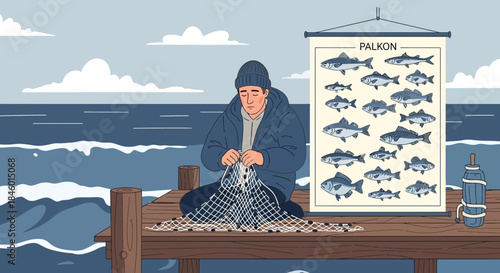 Fisherman Repairing Fishing Net on Dock.