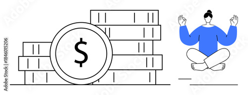 Financial planning, personal wealth, mindfulness, stress management, saving habits, lifestyle. Stacked coins with a dollar sign and a meditating person. Financial planning and mindfulness theme