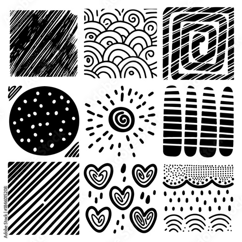 Hand Drawn Abstract Doodle Patterns Black White Artistic Background Textures