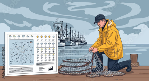 Man in Yellow Jacket Repairing Fishing Net.