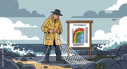 Man in raincoat holding fishing net.