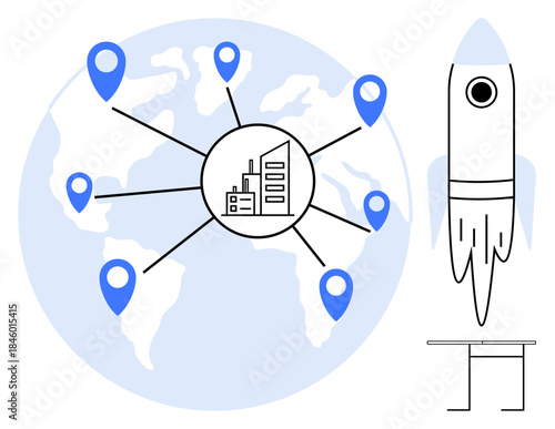 Global business, innovation, startup growth, international connections, entrepreneurship, future technology. World map with location pins, rocket launch and building icon. Global business