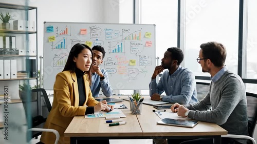 Diverse business team collaborates in a modern office meeting room.