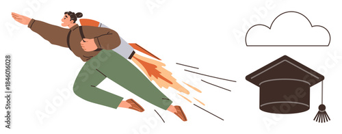 Confident individual soaring with rocket backpack towards floating mortarboard and cloud. Ideal for themes thumbs up education, ambition, career growth, achievement, creativity, self-improvement