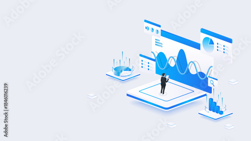 Isometric stock market data analysis dashboard. businessman with interactive charts, business intelligence panels, and analyst exploring insights on a digital platform.