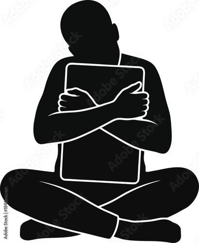 Protecting Data Silhouette Vector. Person Hugging Laptop Computer Tightly for Privacy Concept Isolated on White Background
