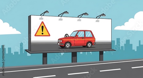 Billboard Advertising a Red Car with Warning Sign on Road.