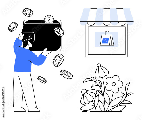 Digital payment, e-commerce, online shopping, financial services, retail innovation, transaction technology. Person holding wallet with coins and storefront. Digital payment and e-commerce concept