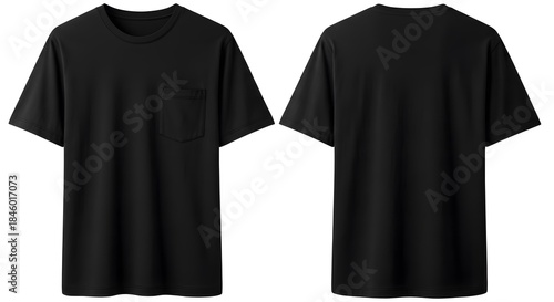 Black t-shirt with pocket, front and back view, isolated on white background