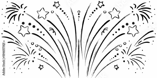 A black and white illustration of fireworks and sparkling stars