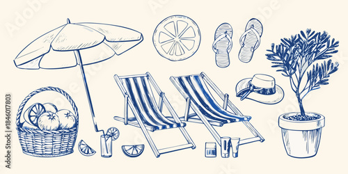A serene beach scene featuring summer essentials in a sketch style