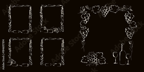 Elegant sketch frames with grape vines wine glasses and a bottle illustration