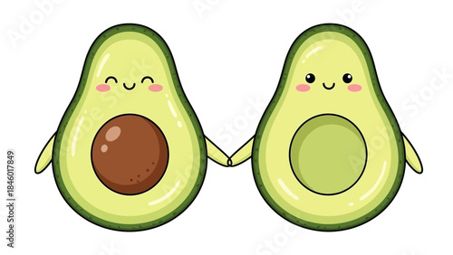 Cute cartoon avocados with happy faces holding hands together