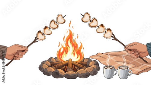 Couple sharing heart shaped marshmallows by campfire with hot chocolate