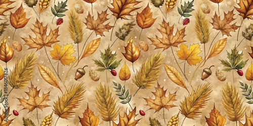 A beautiful autumn pattern featuring various leaves, acorns, and twigs in warm earthy tones.
