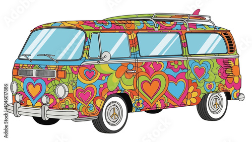 Vibrant psychedelic VW van with colorful hearts and flowers