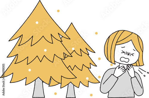 花粉を出す杉の木とくしゃみをする女性単色