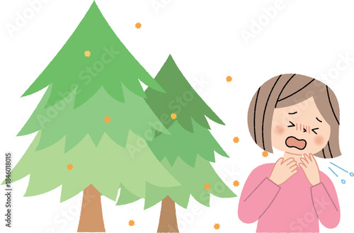 花粉を出す杉の木とくしゃみをする女性