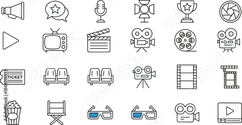 Minimalist Cinema and Movie Production Line Art Icon Set, Media, Entertainment, Awards, Filming Equipment, and Theater Experience Vector Graphics