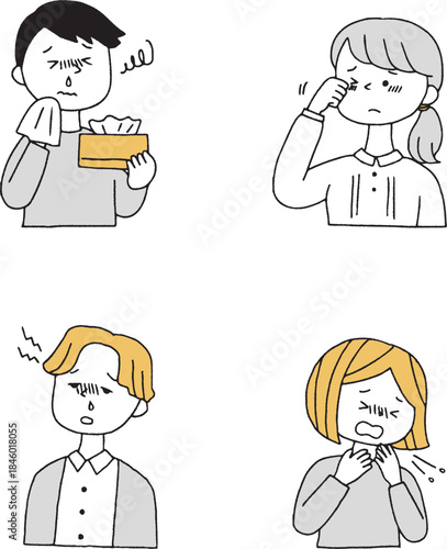 花粉症に苦しむ人々のセット単色