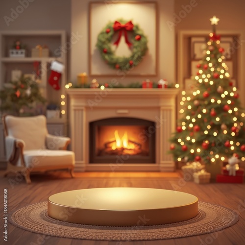Cozy Christmas Scene: A warmly lit Christmas scene showcases a decorated tree, a fireplace, and holiday ornaments. An empty platform in the foreground is waiting for product display.