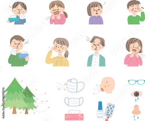 花粉症に困る人々とアイコンセット
