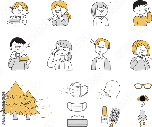 花粉症に困る人々とアイコンセット単色
