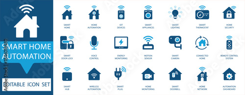 Smart Home Automation Icon Set. Includes IoT, security, lighting, voice control, and appliances. Modern, clean blue color design