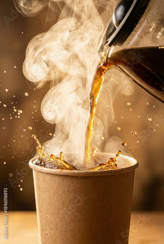 Steaming hot coffee pours into a disposable paper cup, creating a vibrant splash and abundant warmth.