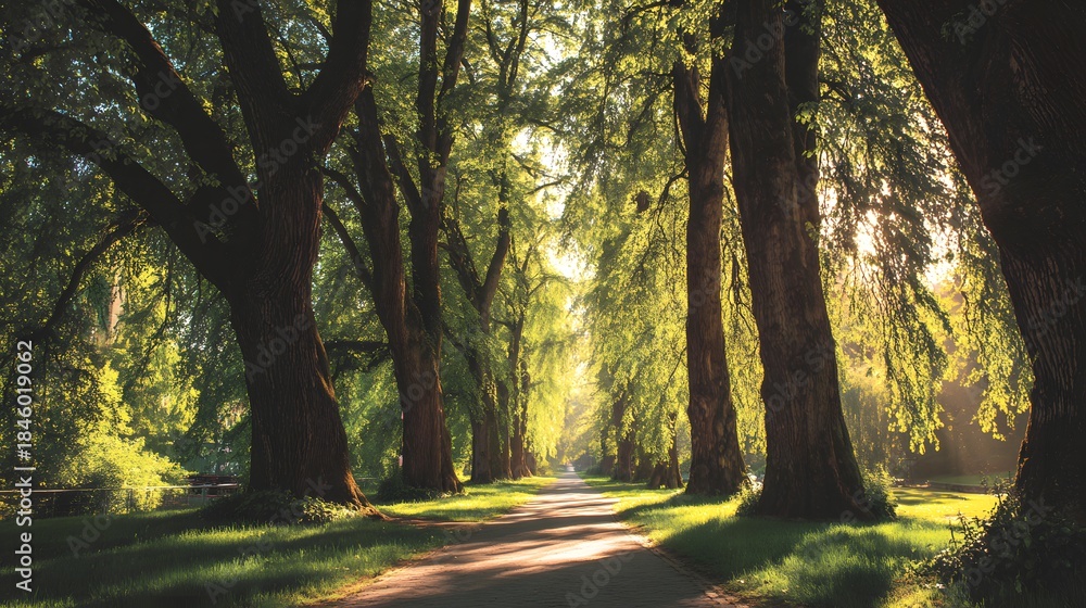Fototapeta premium Tall, mature trees line a sunlit path creating a natural tunnel effect in a park setting.
