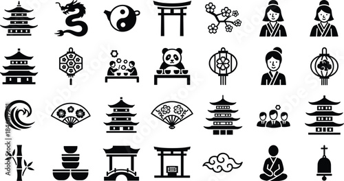 Japanese culture vector collection featuring traditional symbols, temples, torii gates, lanterns, fans, bamboo, and character icons for cultural illustration, decoration, and design projects