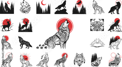 Tribal wolf silhouette collection with red moon, forest elements, howling wolves, and decorative wildlife designs for nature-themed graphic artwork