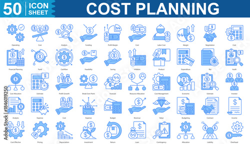 Cost Planning blue style collection. margin, cost, labor cost, Operating, cost, analysis, funding, profit and more. Illustration eps 10