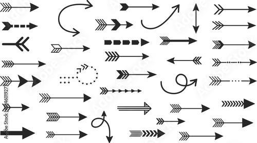Arrow vector collection featuring diverse direction symbols, curved and straight pointers, navigation indicators, and decorative arrow designs for infographic, interface, and graphic illustration use