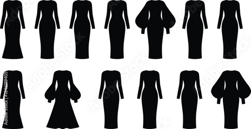 Elegant fashion dress silhouette vector collection featuring long gowns, evening wear, formal outfits, stylish clothing designs,
