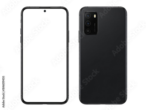 Realistic black smartphone mockup front and back view with blank screen transparent background