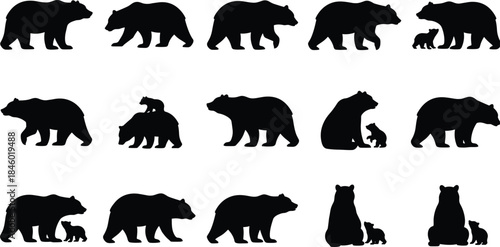 Silhouette bear family vector illustration featuring mother bears, cubs, wildlife poses, nature animal outlines, perfect for logos, designs, outdoor themes, and creative projects.