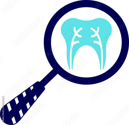 Dental examination with magnifying glass icon. Tooth checkup with a magnifying glass. dental inspection, cavity detection, and oral diagnostics. Oral health examination. Tooth Check silhouette. 