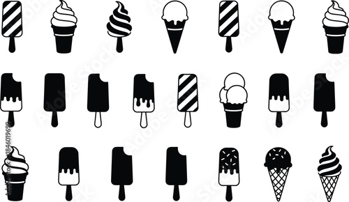 Diverse Ice Cream and Popsicle Vector Icon Set, Black Silhouettes of Cones, Bars, and Frozen Sweets, Full Variety of Desserts, Flat Design Food Symbols for Menus and Applications