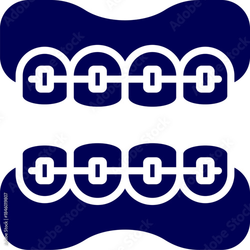Silhouette of teeth with braces on white. Alignment of teeth with braces. A simple black and white illustration of teeth with traditional metal braces