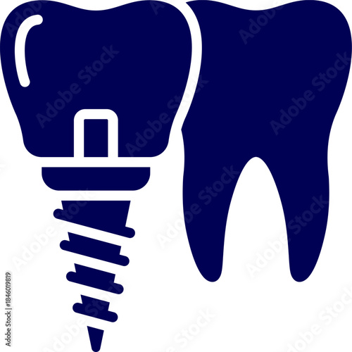 Silhouette Vector of Dental implant. Icon for implant braces. Solid Dental implant icon, a tooth crown on a screw representing modern dentistry and oral care. Dental emblem. Tooth care pictogram.