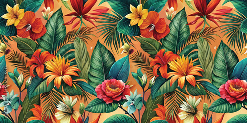 A colorful tropical flower pattern featuring vibrant blooms and lush green leaves.
