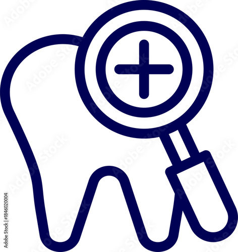 Tooth check up with magnifying glass. icon of dental check up. Dental care and hygiene analysis sign. tooth inspection concept. Tooth cavity check with magnifying glass. Oral health examination.