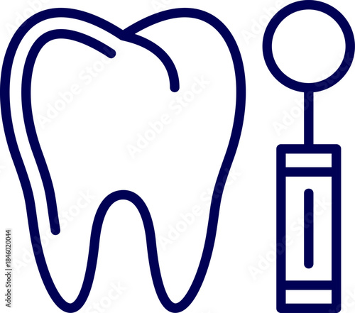 Tooth mirror line art vector. Tooth and dental mirror icon. Outline of dental mirror tool. Illustration of a tooth with dental mirror isolated on a white background. Dental mirror and tooth for dental